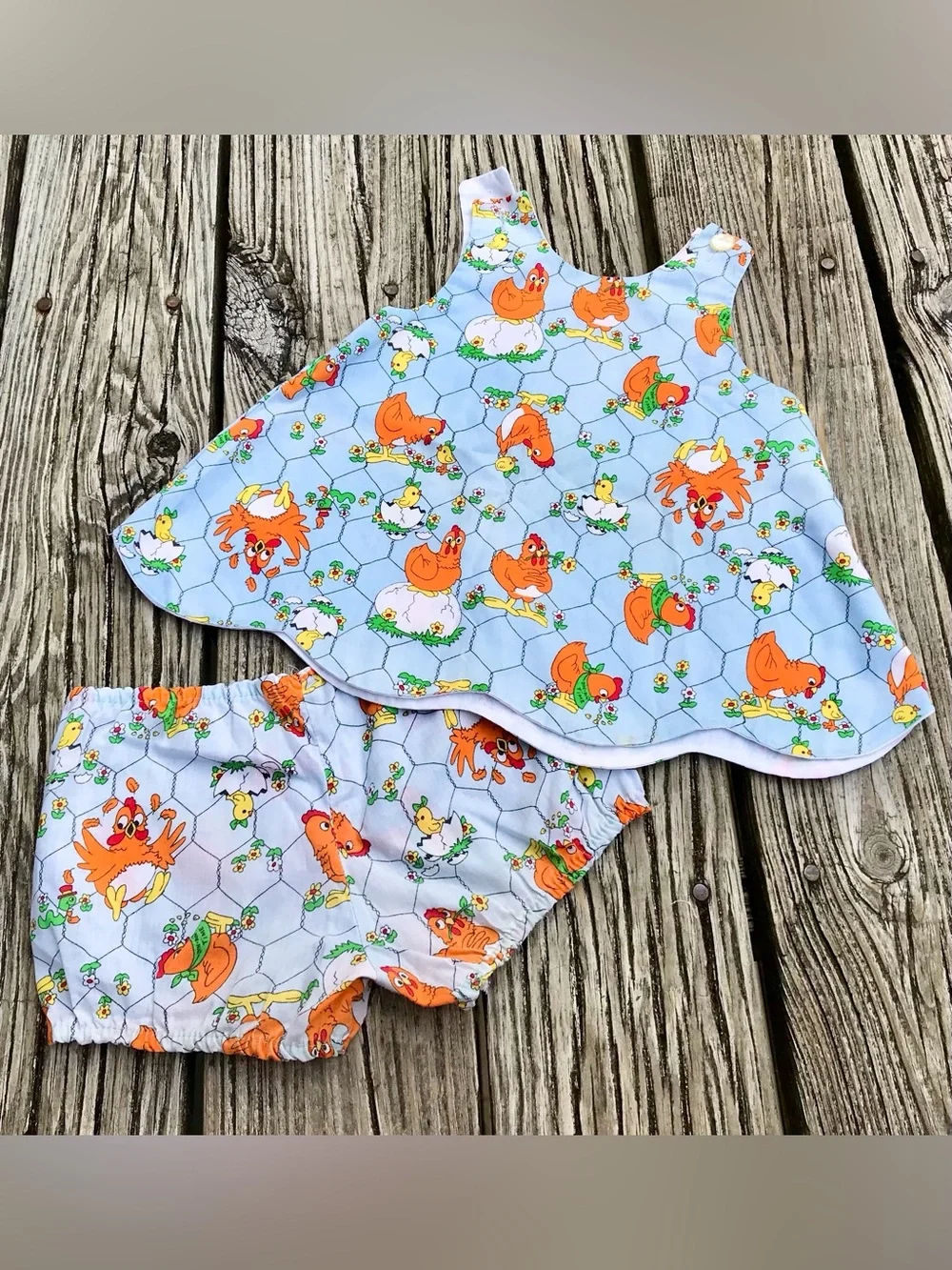 Vintage 80s Girls 2 Piece Matching Chicken Coop Outfit Swing Top Bloomers